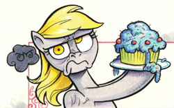 Size: 722x450 | Tagged: safe, artist:andypriceart, imported from derpibooru, derpy hooves, pegasus, pony, spoiler:comic, spoiler:comic41, cupcake, dreary, female, food, grumpy, mare, solo