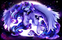 Size: 5120x3340 | Tagged: safe, artist:invidiata, imported from derpibooru, princess luna, absurd resolution, chest fluff, female, flying, large wings, moon, solo, unshorn fetlocks