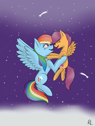 Size: 1024x1365 | Tagged: safe, artist:rainbowline001, imported from derpibooru, rainbow dash, scootaloo, pony, cute, cutealoo, cutie mark, dashabetes, female, filly, holding a pony, night, scootalove, stars, the cmc's cutie marks