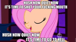 Size: 960x540 | Tagged: safe, imported from derpibooru, fluttershy, hush now quiet now, image macro, meme, vulgar