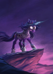 Size: 871x1200 | Tagged: dead source, safe, artist:maggwai, imported from derpibooru, twilight sparkle, pony, unicorn, armor, cliff, female, glowing eyes, magic, solo, windswept mane