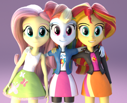 Size: 1544x1259 | Tagged: safe, artist:borickrut, artist:creatorofpony, imported from derpibooru, fluttershy, rainbow dash, sunset shimmer, equestria girls, /mlp/, 3d, 3d model, blender, clothes, cute, dashabetes, group, leather jacket, looking at you, shimmerbetes, shyabetes, skirt, tanktop