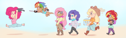 Size: 2793x865 | Tagged: safe, artist:sundown, imported from derpibooru, applejack, fluttershy, pinkie pie, rainbow dash, rarity, sunset shimmer, human, angry, assisted exposure, chase, chibi, chubby, cigarette, clothes, flying, horned humanization, humanized, jacqueline applebuck, juliette d'rarie, panties, pants, pantsing, smiling, smoking, tanktop, underwear, white underwear, winged humanization