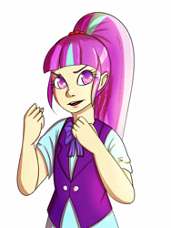 Size: 3000x4000 | Tagged: safe, artist:zulcat, imported from derpibooru, sour sweet, equestria girls, friendship games, absurd resolution, bowtie, clothes, crystal prep academy, crystal prep academy uniform, crystal prep shadowbolts, female, fist, no more ponies at source, open mouth, school uniform, simple background, solo, white background