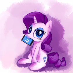 Size: 1600x1600 | Tagged: safe, artist:deliciousblackink, imported from derpibooru, rarity, derpibooru, bedroom eyes, colored pupils, cutie mark, derpibooru logo, female, ipone, looking at you, meta, mouth hold, nom, phone, sitting, smartphone, smiling, solo, style emulation