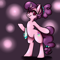 Size: 1280x1280 | Tagged: safe, artist:whale, imported from derpibooru, sugar belle, pony, semi-anthro, alternate hairstyle, bipedal, cute, female, hair bun, looking at you, nose wrinkle, one eye closed, scrunchie, smiling, solo, sugarbetes, towel, wink