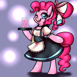 Size: 2300x2300 | Tagged: safe, artist:whale, imported from derpibooru, pinkie pie, pony, semi-anthro, alternate hairstyle, bipedal, bow, clothes, cup, female, hair bow, heart eyes, maid, nose wrinkle, one eye closed, open mouth, ponytail, scrunchie, smiling, soda, solo, straw, towel, tray, waitress, wingding eyes, wink