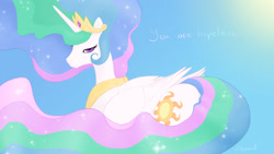 Size: 2560x1440 | Tagged: safe, artist:arareroll, imported from derpibooru, princess celestia, alicorn, pony, bedroom eyes, cute, cutelestia, dialogue, female, looking at you, looking back, mare, prone, smiling, solo, sunbutt