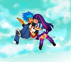 Size: 1024x898 | Tagged: safe, artist:xxekosoundsxx, imported from derpibooru, flash sentry, twilight sparkle, equestria girls, blushing, cute, diasentres, female, flashlight, guitar, hug, humanized, male, shipping, straight, surprise hug