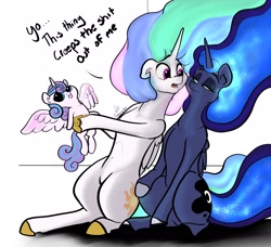 Size: 2162x1974 | Tagged: safe, artist:greyscaleart, imported from derpibooru, princess celestia, princess flurry heart, princess luna, pony, baby, baby pony, belly button, scared, swearing, vulgar