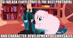 Size: 960x506 | Tagged: safe, artist:mixermike622, imported from derpibooru, queen chrysalis, oc, oc:fluffle puff, brushing, canon x oc, chrysipuff, female, image macro, lesbian, meme, pacifier, shipping, truth