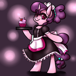 Size: 1280x1280 | Tagged: safe, alternate version, artist:whale, imported from derpibooru, sugar belle, pony, semi-anthro, alternate hairstyle, apron, bipedal, cap, cherry, clothes, collar, cupcake, cute, dress, explicit source, female, food, hair bun, hat, looking at you, maid, nose wrinkle, one eye closed, scrunchie, smiling, solo, sugarbetes, towel, tray, wink