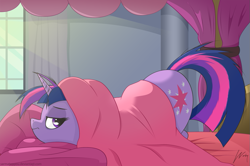 Size: 1023x678 | Tagged: safe, artist:wonkysole, imported from derpibooru, twilight sparkle, pony, unicorn, bed, bed mane, blanket, crepuscular rays, cute, face down ass up, female, mare, morning ponies, solo, sweet dreams fuel, tired, twiabetes