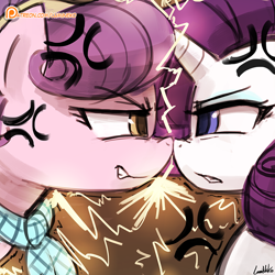 Size: 750x750 | Tagged: safe, artist:lumineko, imported from derpibooru, rarity, suri polomare, pony, unicorn, angry, female, gritted teeth, looking at each other, mare, patreon, patreon logo