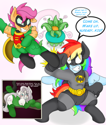 Size: 2141x2526 | Tagged: safe, artist:blackbewhite2k7, imported from derpibooru, fluttershy, rainbow dash, scootaloo, pegasus, pony, batman, batman and robin, crossover, discorded, fight, flutterbitch, mind control, parody, poison ivy, poison ivyshy, robin, robinloo, spore