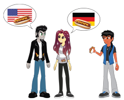 Size: 4533x3660 | Tagged: safe, artist:redtriangle, imported from derpibooru, oc, oc only, oc:crimson sunset, oc:crimsy, oc:delusional desires, oc:sketchy, equestria girls, american flag, argument, clothes, eating, flag, food, german flag, germany, greaser, hot dog, jacket, leather jacket, meat, sausage, united states