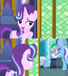 Size: 1500x1683 | Tagged: safe, edit, edited screencap, hundreds of users filter this tag, imported from derpibooru, screencap, minuette, spike, starlight glimmer, pony, unicorn, the crystalling, angry, bathroom, bathtub, bedroom eyes, butt, clothes, conversation, curtains, door, eyes closed, female, implied kissing, jealous, love triangle, male, mirror, plot, screencap comic, shipping, slippers, sparlight, spigate, stool, straight, tl;dr, toothbrush, toothpaste, towel