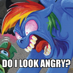 Size: 450x450 | Tagged: safe, artist:andypriceart, idw, imported from derpibooru, rainbow dash, tank, pegasus, pony, tortoise, spoiler:comic, spoiler:comic41, angry, do i look angry, duo, faic, female, image macro, looking at each other, male, mare, meme, nightmare face, nightmare fuel, rage, ragebow dash, rainbow douche