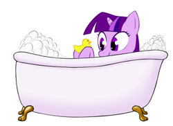 Size: 616x449 | Tagged: safe, artist:lovepaddles, imported from derpibooru, twilight sparkle, mentally advanced series, bath, bathtub, bubble, bubble bath, claw foot bathtub, female, filly, foal, rubber duck, solo