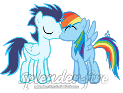 Size: 1024x769 | Tagged: safe, artist:splender-fire, imported from derpibooru, rainbow dash, soarin', pony, female, kissing, male, shipping, soarindash, straight, watermark