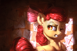 Size: 1920x1280 | Tagged: safe, artist:assasinmonkey, imported from derpibooru, apple bloom, earth pony, pony, on your marks, bow, clubhouse, crusaders clubhouse, darkness, female, filly, hair bow, light, looking back, scene interpretation, snapple bloom, solo