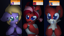 Size: 1024x576 | Tagged: safe, artist:k-kopp, imported from derpibooru, oc, oc only, oc:adena emberheart, oc:ella auf'tur darque, oc:two-tailed derpy, earth pony, fox, fox pony, hybrid, original species, pony, clothes, controller, gamertags, panties, shirt, underwear, video game