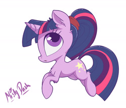 Size: 1882x1613 | Tagged: safe, artist:mistydash, imported from derpibooru, twilight sparkle, :o, alternate cutie mark, alternate hairstyle, chibi, cute, female, fluffy, looking up, nose wrinkle, ponytail, simple background, solo, twiabetes, white background