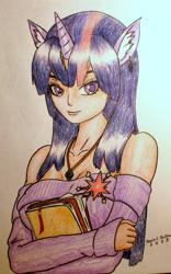 Size: 2574x4130 | Tagged: safe, artist:kevinthecrushinator, imported from derpibooru, twilight sparkle, human, book, cutie mark brooch, eared humanization, earring, female, horned humanization, humanized, necklace, piercing, shoulderless, solo, traditional art