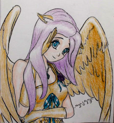 Size: 2430x2612 | Tagged: safe, artist:kevinthecrushinator, imported from derpibooru, fluttershy, human, clothes, dress, eared humanization, female, humanized, solo, traditional art, winged humanization