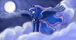 Size: 1366x728 | Tagged: safe, artist:gaelledragons, imported from derpibooru, princess luna, cloud, female, moon, night, solo, spread wings