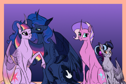 Size: 1200x800 | Tagged: safe, artist:silvy-fret, imported from derpibooru, princess luna, twilight sparkle, oc, oc:iremia, oc:sirius, alicorn, pony, female, lesbian, magical lesbian spawn, mare, nuzzling, offspring, parent:princess luna, parent:twilight sparkle, parents:twiluna, shipping, twilight sparkle (alicorn), twiluna, unshorn fetlocks