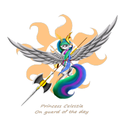 Size: 5000x5000 | Tagged: safe, artist:skitsniga, artist:skitsroom, imported from derpibooru, princess celestia, pony, absurd resolution, butt, female, halberd, looking back, magic, mare, plot, rearing, simple background, solo, spear, spread wings, telekinesis, transparent background, warrior celestia, weapon