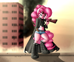 Size: 4000x3359 | Tagged: safe, artist:kelisah, imported from derpibooru, pinkie pie, anthro, unguligrade anthro, belly button, boots, clothes, female, grin, gun, jacket, long coat, midriff, rifle, shorts, solo, trigger discipline, weapon