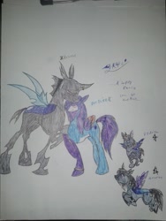 Size: 1920x2560 | Tagged: safe, artist:blackrose416, imported from derpibooru, oc, oc only, oc:echose, oc:zayphia, changeling, hybrid, nymph, eyes closed, female, filly, horn ring, hug, interspecies, male, offspring, ring, smiling, straight, traditional art