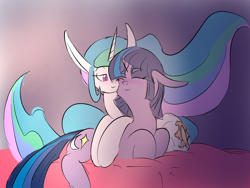 Size: 2048x1536 | Tagged: safe, artist:marvelousqueen, imported from derpibooru, princess celestia, twilight twinkle, bed, female, lesbian, shipping, twinklelestia