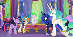 Size: 1304x670 | Tagged: safe, imported from derpibooru, screencap, princess celestia, princess luna, rarity, spike, twilight sparkle, alicorn, pony, gauntlet of fire, bow, discovery family logo, done with your shit, eyes closed, female, frown, glow, glowing, grin, helmet, mare, mining helmet, royal sisters, smiling, squee, tired of your shit, twilight sparkle (alicorn), unamused