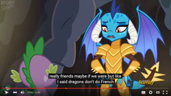 Size: 853x479 | Tagged: safe, imported from derpibooru, screencap, princess ember, spike, dragon, gauntlet of fire, discovery family logo, dragon armor, french, meme, spoiler, youtube, youtube caption