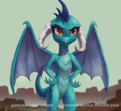 Size: 695x640 | Tagged: safe, artist:grissaecrim, artist:raikoh, imported from derpibooru, princess ember, dragon, gauntlet of fire, concave belly, female, hand on hip, patreon, slim, solo, that was fast, thin