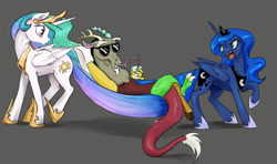 Size: 1280x760 | Tagged: safe, artist:silfoe, imported from derpibooru, discord, princess celestia, princess luna, alicorn, draconequus, pony, royal sketchbook, angry, bendy straw, discord being discord, drinking straw, female, glasses, gray background, hammock, hilarious, humor, juice, lemonade, luna is not amused, male, mare, open mouth, simple background, stuck together, sunglasses, this will end in pain, this will end in petrification, trio, varying degrees of amusement