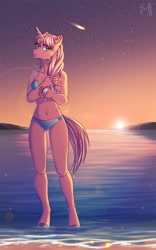 Size: 800x1280 | Tagged: safe, artist:margony, imported from derpibooru, oc, oc only, anthro, unguligrade anthro, unicorn, beach, bikini, clothes, scenery, shooting star, solo, swimsuit, wet mane