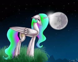 Size: 2360x1876 | Tagged: safe, artist:gree3, imported from derpibooru, princess celestia, horns are touching, mare in the moon, moon, night, sad