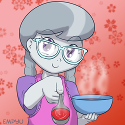 Size: 1000x1000 | Tagged: safe, artist:empyu, imported from derpibooru, silver spoon, equestria girls, female, food, glasses, offscreen character, pov, solo, soup, spoon