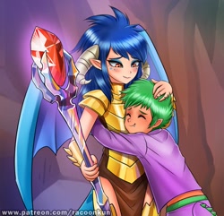 Size: 700x675 | Tagged: safe, artist:racoonsan, imported from derpibooru, princess ember, spike, human, gauntlet of fire, armor, bloodstone scepter, blushing, cute, dragon armor, dragon lands, dragon lord ember, elf ears, emberbetes, eyes closed, fangs, female, freckles, horned humanization, hug, humanized, it's called a hug, lidded eyes, male, patreon, scene interpretation, scepter, side slit, signature, smiling, spikabetes, tailed humanization, watermark, wavy mouth, winged humanization