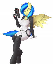 Size: 2000x2443 | Tagged: safe, artist:php108, deleted from derpibooru, imported from derpibooru, oc, oc only, oc:silvia, anthro, pegasus, unguligrade anthro, cleavage, collar, crossover, female, gun, looking at you, mass effect, miranda lawson, pinup, sitting, solo, spread wings, weapon, wink