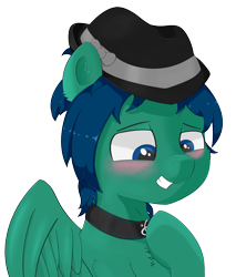 Size: 1508x1766 | Tagged: safe, anonymous artist, imported from derpibooru, oc, oc only, oc:swiftnote, pegasus, pony, blushing, bust, collar, fedora, hat, portrait, shy, smiling, solo