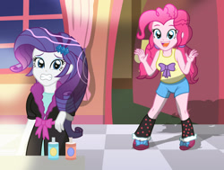 Size: 2449x1847 | Tagged: safe, artist:sumin6301, imported from derpibooru, pinkie pie, rarity, equestria girls, bathrobe, cans, clothes, doll, equestria girls minis, female, irl, nightgown, open mouth, parody, photo, pigtails, pinkie pie's slumber party ft. rarity, scene interpretation, shorts, silly string, tanktop, toy, twintails