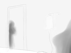 Size: 800x600 | Tagged: safe, artist:vulapa, imported from derpibooru, oc, oc only, oc:anon, human, black and white, cyoa:life in ponyville, first person view, grayscale, hospital, hospital bed, iv bag, monochrome, offscreen character, pov, silhouette, solo, story included