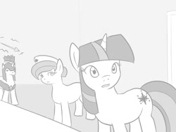 Size: 800x600 | Tagged: safe, artist:vulapa, imported from derpibooru, nurse redheart, twilight sparkle, oc, oc:anon, human, pony, armor, cyoa:life in ponyville, first person view, grayscale, guard, levitation, magic, monochrome, offscreen character, pov, royal guard, spear, story included, telekinesis, weapon