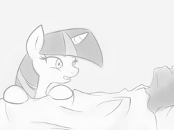 Size: 800x600 | Tagged: safe, artist:vulapa, imported from derpibooru, twilight sparkle, oc, oc:anon, human, pony, bed, cyoa, cyoa:life in ponyville, eager, excited, grayscale, hospital, hospital bed, monochrome, story included