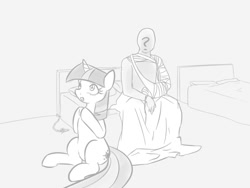 Size: 800x600 | Tagged: safe, artist:vulapa, imported from derpibooru, twilight sparkle, oc, oc:anon, human, pony, arm cast, bandage, blanket, blushing, cyoa, cyoa:life in ponyville, grayscale, hospital, monochrome, story included